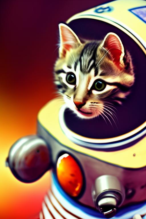 Kitten on the Mars playing with space helmet